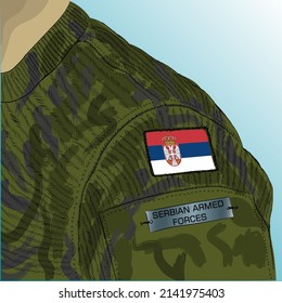 Flag Of Serbia On Soldier Arm. Serbian Army.