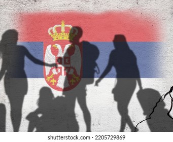 Flag of Serbia on the wall. Silhouette of people with luggage passing through. Concept illustration.