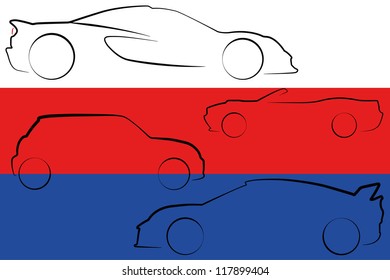 The flag of Serbia with the outlines of many cars of different types