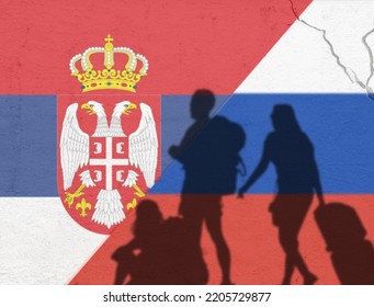 Flag of Serbia and Russia. Silhouette of people passing from Russia to Serbia. Concept illustration.