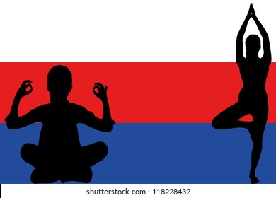 The flag of Serbia with yoga silhouettes