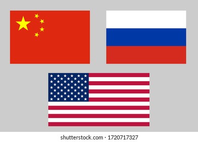 Flag Set: China, Russia, America Vector Illustration. USA Flag Isolated