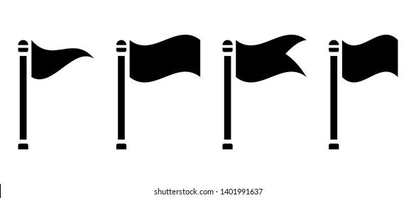 Flag set, map pin icons, black isolated on white background, vector illustration.