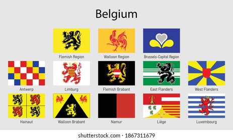 Flag set for the regions of Belgium. All Belgian provinces flag collection