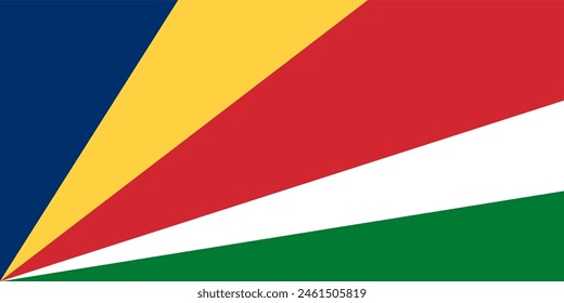 Bandera de Seychelles. El azul representa el cielo y el mar. El amarillo es para el sol que da luz y vida. el rojo simboliza al pueblo. el blanco representa la justicia social y la armonía. el verde representa la tierra 