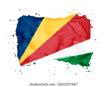 Plano de fundo do traçado do pincel da bandeira das Seicheles.  Bandeira República das Seicheles sobre fundo branco. Aquarela estilo para o design do seu site, app, UI.  EPS10