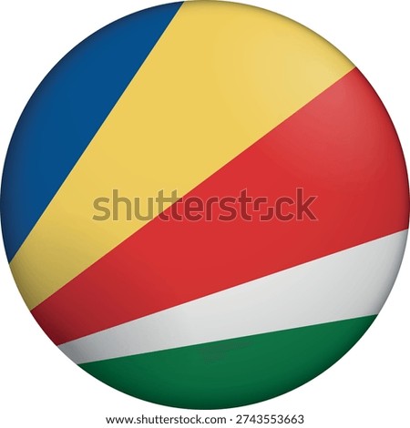 Flag of Seychelles. Glossy circular flag. Button appearance. 3D Icon Design with depth. Professional, tactile look. Perfect for representing national identity in digital interfaces and perfect for websites