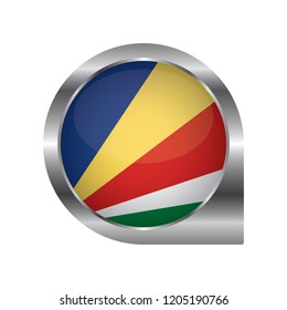 Flag of Seychelles, location map pin, pointer flag, button with the reflection of light and shadow, silver frame, Icon country. Realistic vector illustration on white background.