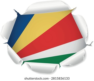 Flag of Seychelles. Flag Revealed Through Torn Paper Hole with Realistic Curled Edges over a transparent background. The ripped edges curl outward with realistic shadows and depth, creating a striking reveal effect