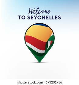 Flag of Seychelles in shape of map pointer or marker. Welcome to Seychelles. Vector illustration.