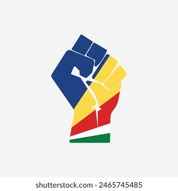 Flag of The Seychelles in the shape of raised hand sign isolated on background. Fist symbol modern, simple, vector, icon for website design, mobile app, ui. Vector Illustration