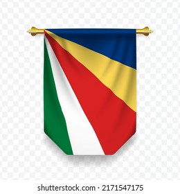 Flagge der Seychellen. Vektorgrafik einer vertikalen Hängeflagge auf transparentem Hintergrund (PNG). 