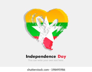 Flag in the shape of heart in grungy style. Independence Day. Heart drawn with a brush. Heart drawn by hand. Grungy heart. Flag of Myanmar
