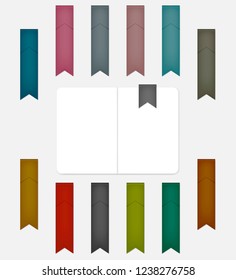 Flag shaped colored bookmark, vector mock-up set. Multicolored folded ribbon notebook page divider, template.