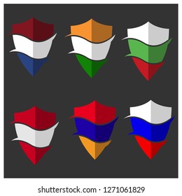 Flag shield stock vector. Armenia, Netherlands, Bulgaria, Austria, Russia and India flag. Vector illustration on gray background.