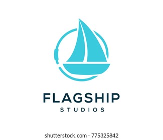 Flag Ship with Line Art Circle Cable Company Logo Symbol