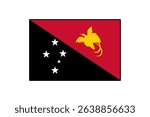 The flag showcases a diagonal split design with a black half featuring white stars, and a red half displaying a golden bird of paradise, symbolizing Papua New Guinea's heritage.
