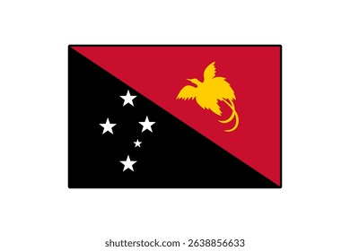 The flag showcases a diagonal split design with a black half featuring white stars, and a red half displaying a golden bird of paradise, symbolizing Papua New Guinea's heritage.