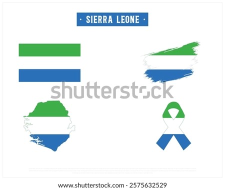 Flag of SIERRA LEONE, Brush style flag of SIERRA LEONE, Ribbon flag of SIERRA LEONE, and Map of SIERRA LEONE with flag in it on a white background, Independence Day