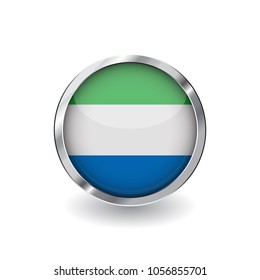 Flag of sierra leone, button with metal frame and shadow. sierra leone flag vector icon, badge with glossy effect and metallic border. Realistic vector illustration on white background.