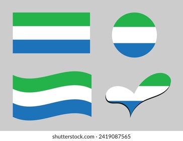 Flag of Sierra Leone. Sierra Leone flag in heart shape. Sierra Leone flag in circle shape. Country flag variation