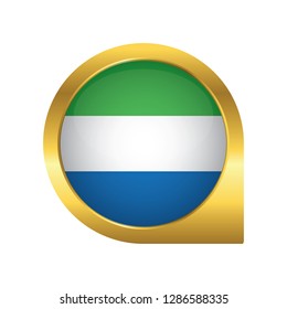 Flag of Sierra Leone, location map pin, pointer flag, button with the reflection of light and shadow, gold frame, Icon country. Realistic vector illustration on white background.