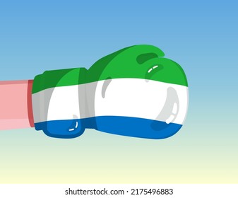 Flag of Sierra Leone on boxing glove. Confrontation between countries with competitive power. Offensive attitude. Separation of power. Template ready design.