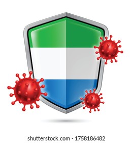 Flag of Sierra Leone on Metal Shiny Shield Icon and Red Corona Virus Cells. Concept of Health Care and Safety Badge. Security Safeguard Metal Label with flag colors