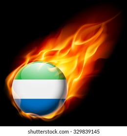 Flag of Sierra Leone as round glossy icon burning in flame