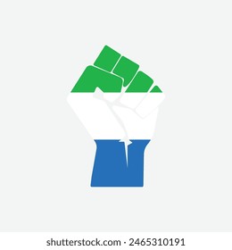 Flagge von Sierra Leone in Form eines erhöhten Handzeichens isoliert auf Hintergrund. Fist-Symbol modern, einfach, Vektorgrafik, Symbol für Website-Design, mobile App, ui. Vektorillustration