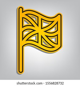 Flag sign. Flat orange icon with overlapping linear black icon with gray shadow at whitish background. Illustration.