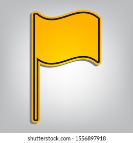 Flag sign. Flat orange icon with overlapping linear black icon with gray shadow at whitish background. Illustration.