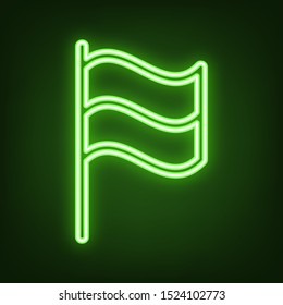 Flag sign. Green neon icon in the dark. Blurred lightening. Illustration.