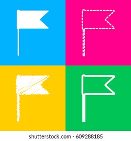 Flag sign illustration. Four styles of icon on four color squares.