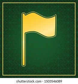 Flag sign illustration. Golden icon with gold contour at dark green gridded white background. Illustration.