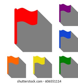 Flag sign illustration. Set of red, orange, yellow, green, blue and violet icons at white background with flat shadow.