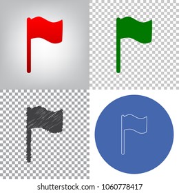 Flag sign illustration. Vector. 4 styles. Red gradient in radial lighted background, green flat and gray scribble icons on transparent and linear one in blue circle.