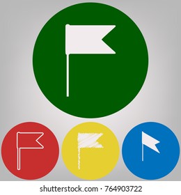 Flag sign illustration. Vector. 4 white styles of icon at 4 colored circles on light gray background.