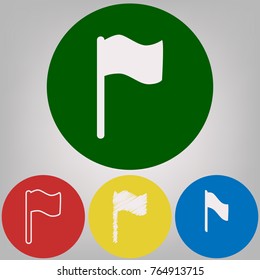 Flag sign illustration. Vector. 4 white styles of icon at 4 colored circles on light gray background.