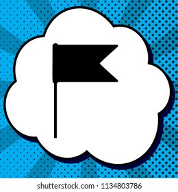 Flag sign illustration. Vector. Black icon in bubble on blue pop-art background with rays.