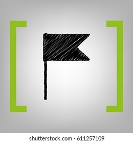 Flag sign illustration. Vector. Black scribble icon in citron brackets on grayish background.