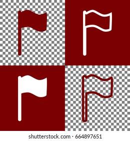 Flag sign illustration. Vector. Bordo and white icons and line icons on chess board with transparent background.
