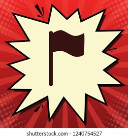 Flag sign illustration. Vector. Dark red icon in lemon chiffon shutter bubble at red popart background with rays.