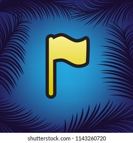 Flag sign illustration. Vector. Golden icon with black contour at blue background with branches of palm trees.