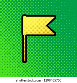 Flag sign illustration. Vector. Pop art orange to yellow dots-gradient icon with black contour at greenish background.