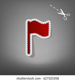 Flag sign illustration. Vector. Red icon with for applique from paper with shadow on gray background with scissors.