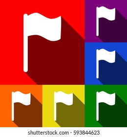 Flag sign illustration. Vector. Set of icons with flat shadows at red, orange, yellow, green, blue and violet background.