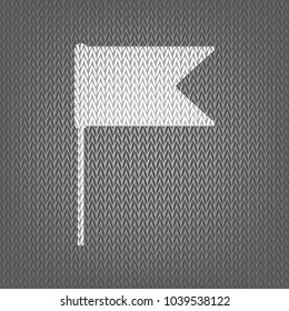 Flag sign illustration. Vector. White knitted icon on gray knitted background. Isolated.