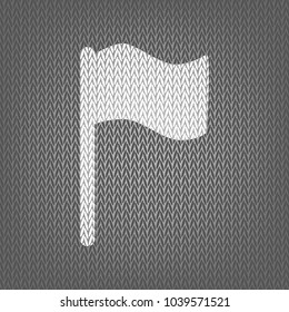 Flag sign illustration. Vector. White knitted icon on gray knitted background. Isolated.