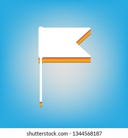 Flag sign illustration. Vector. White icon with 3d warm-colored gradient body at sky blue background.